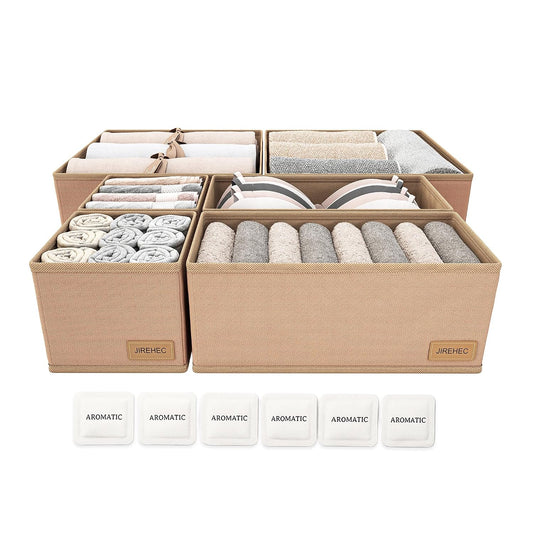 Dresser Drawer Organizer Clothes, 6 Pack Foldable Storage Boxes with Zipper, 600D Fabric, Cream, Drawer Dividers for Underwear, Socks, Baby Clothes