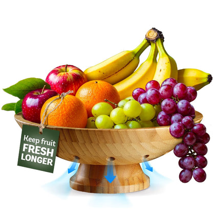 Wooden Fruit Bowl for Kitchen Counter, Bamboo Pedestal Fruit Basket, Vented | Keeps Produce Fresh Longer, Airflow Holes Reduce Trapped Moisture, Anti Slip Base, Holds Bananas and Vegetables, Frutero