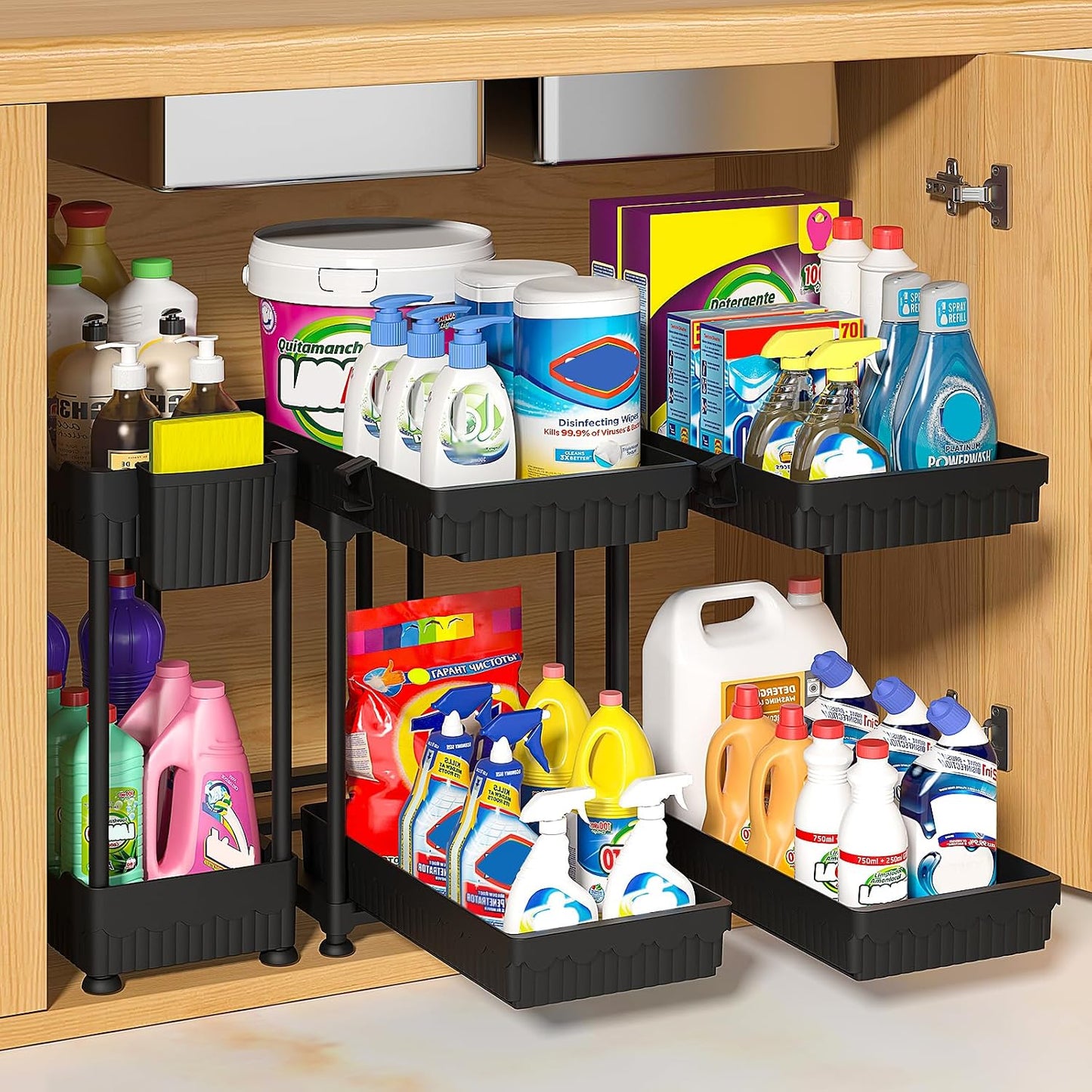 3-Pack 2-Tier Under Sink Organizers with Sliding Drawers | Multi-use kitchen & bathroom storage, 14.8 inch 2-Tier Sliding cabinet organizer, space-saving sliding drawer design.