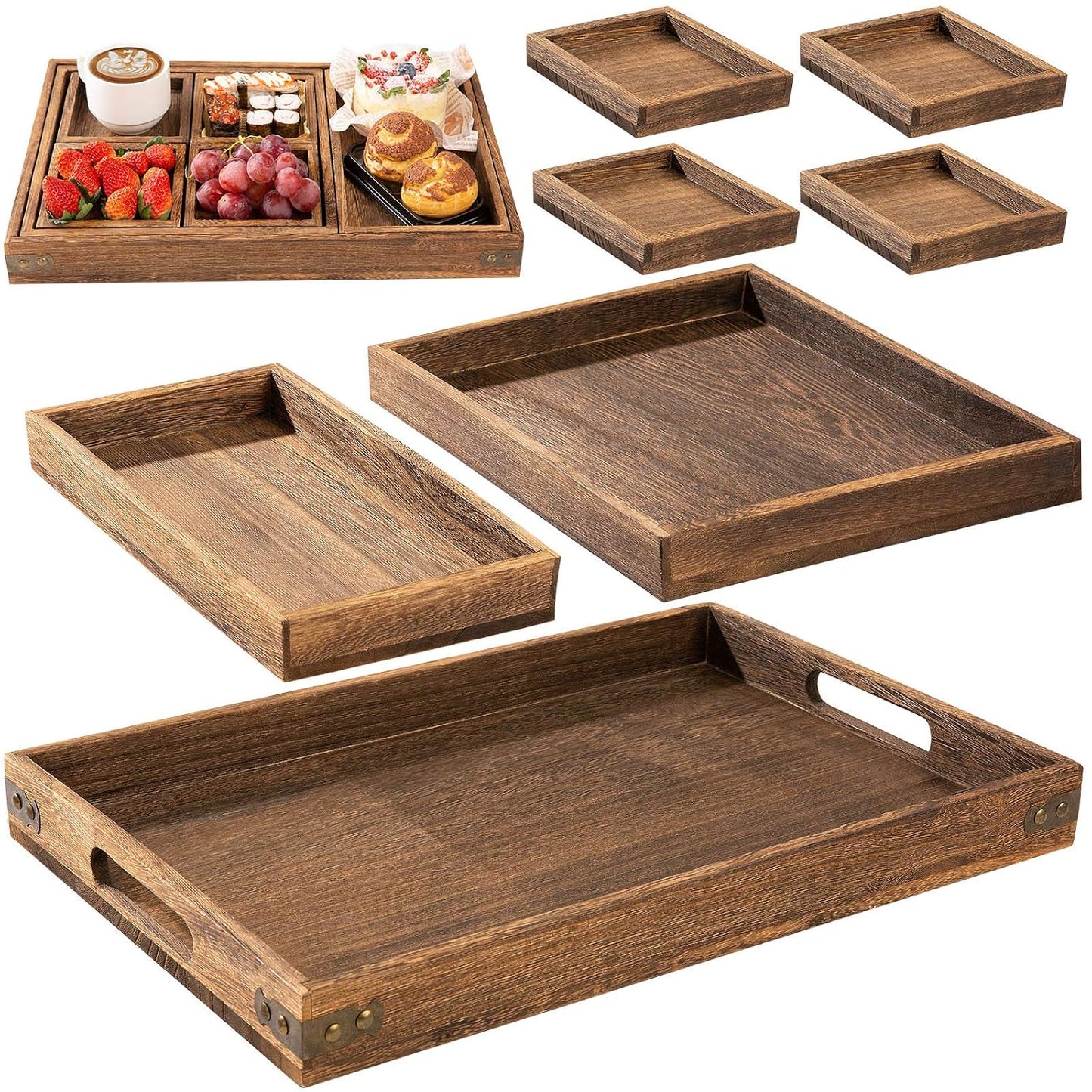 Rustic Wooden Serving Trays with Handle - Set of 7 Rectangular Platters for Entertaining, Breakfast, Coffee Table, Home Decor | 4 Sizes Tray-Snacks to Entrees,Decorative Serving Platter for Breakfast Bed,Lunch,Ottoman,Coffee Table,BBQ-Great for Lap&Sofa