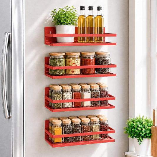 SMRCAD 4 Pack Metal Magnetic Spice Rack for Fridge – Heavy-Duty | Iron Construction, Rust-Resistant, Dust-Resistant, Fits Condiment Bottles, Includes Screws for Optional Wall Mount