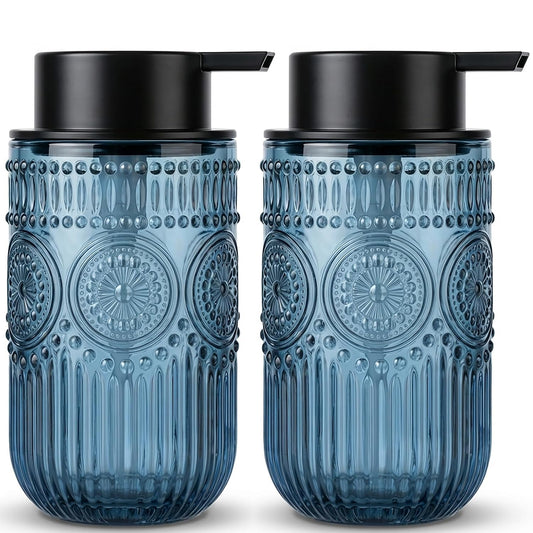 Blue Glass Foaming Soap Dispenser, 14 OZ Vintage Embossed Foam Hand Soap Dispenser, Refillable Foam Dispenser with Black Pump for Bathroom, Kitchen Decor, Large Capacity