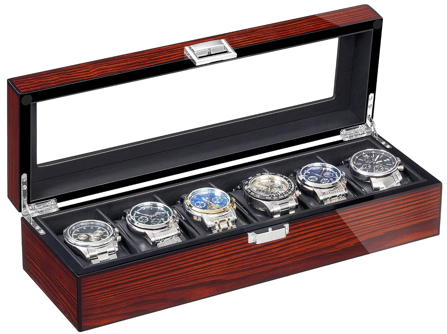 BEWISHOME Watch Box, 6 Slot Wooden Watch Cases for Men with Large Glass Lid | Men's Watch Box, Watch Storage Organizer, Watch Display Case, Watch Holder Removable Watch Pillows, Brown SSH06Y