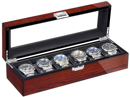 BEWISHOME Watch Box, 6 Slot Wooden Watch Cases for Men with Large Glass Lid | Men's Watch Box, Watch Storage Organizer, Watch Display Case, Watch Holder Removable Watch Pillows, Brown SSH06Y