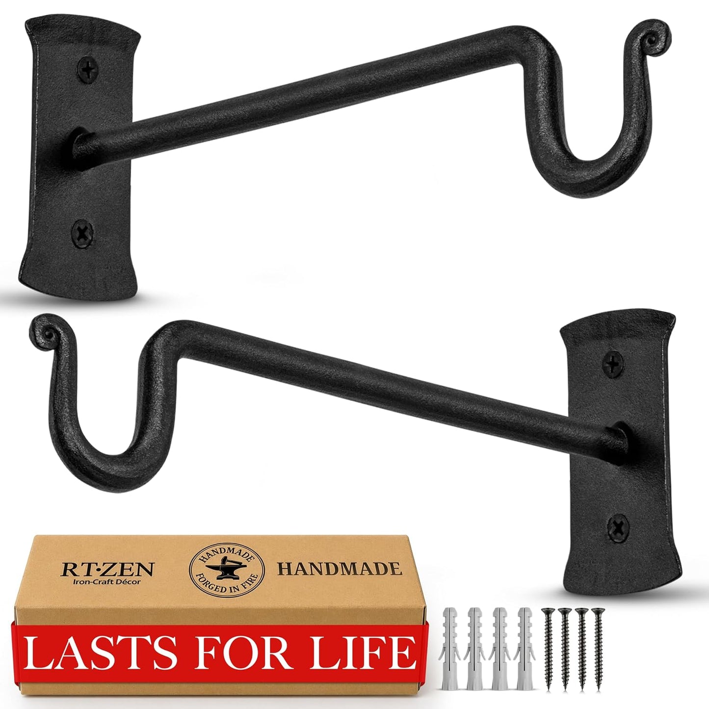 Plant Hangers Outdoor or Indoor Heavy Duty Wall Bracket Hooks | Wrought Iron Metal Hanger Indoor Hook for Hanging Plants Baskets Lanterns Bird Feeders - 2 Pack (Black Shepherds Hooks 7.5")