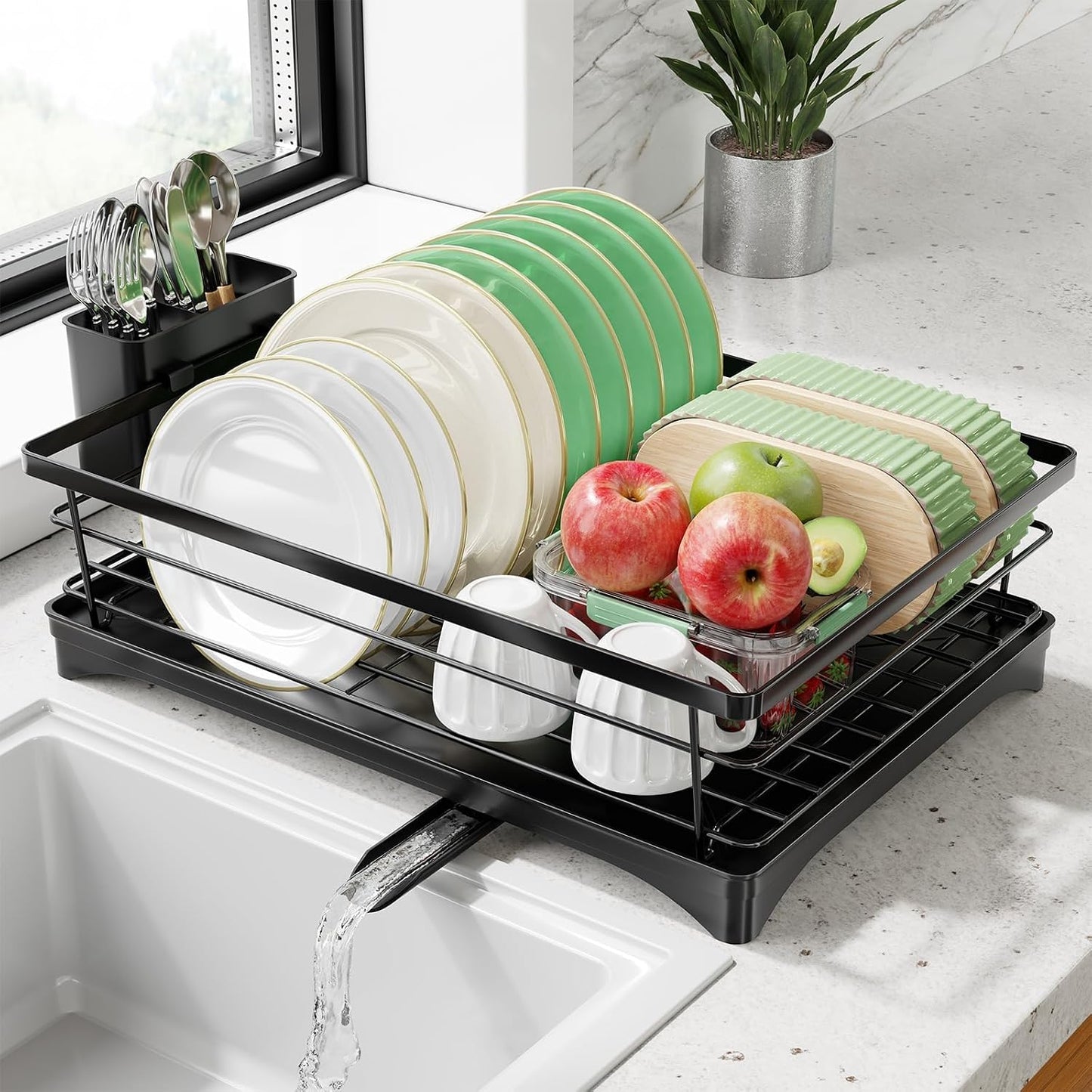 Simple Trending Dish Drying Rack, 12''W x 16''L, Black | Dish Rack for Kitchen Counter, Stainless Steel Dish Drainer, Cutlery Holder, Drainboard, Space-Saving, Easy Installation