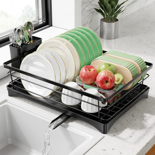 Simple Trending Dish Drying Rack, 12''W x 16''L, Black | Dish Rack for Kitchen Counter, Stainless Steel Dish Drainer, Cutlery Holder, Drainboard, Space-Saving, Easy Installation