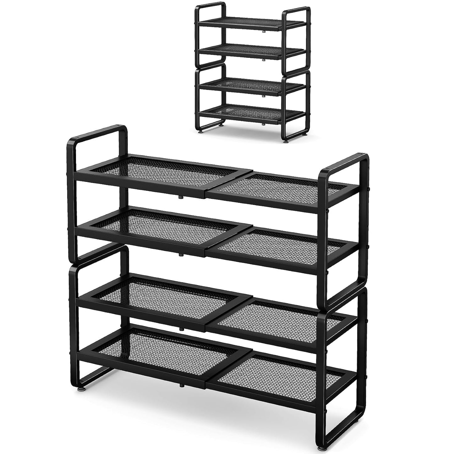 Expandable Metal Shoe Rack for Closet, Entryway & Garage, 4-Tier, Black | Adjustable Height for Boots, Stackable Design, Dense Mesh Shelves for Heels, Fits Small Spaces, Apartments and Rentals