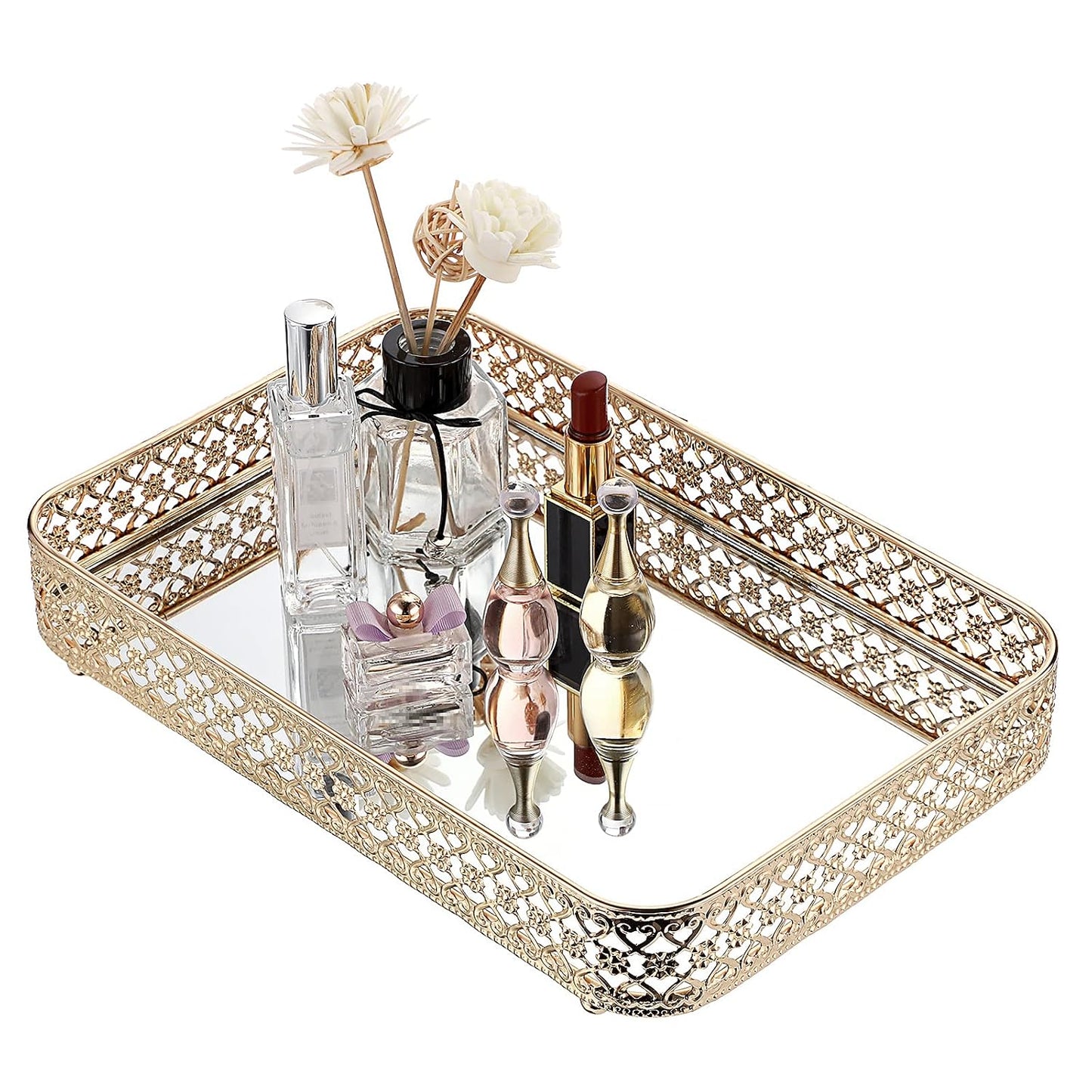 ELLDOO Gold Mirror Glass Perfume & Makeup Vanity Tray, Medium Size | Hollow-Carved Jewelry Storage, Metal Trinket Organizer for Dresser Bathroom Countertop Home Decor
