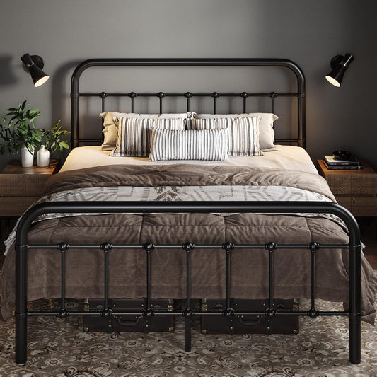 Allewie Full Metal Bed Frame with Victorian Iron-Art Headboard, Black