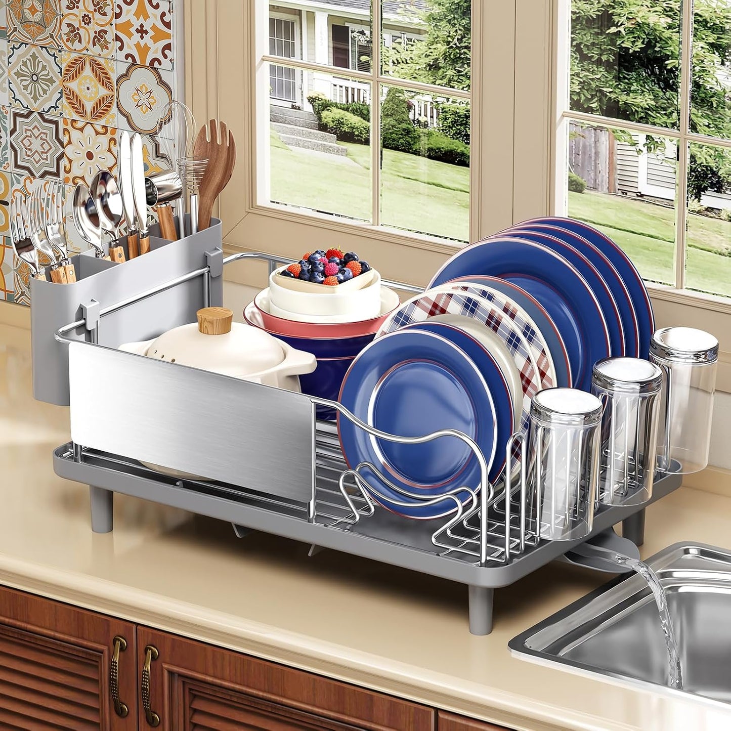 KINGRACK Stainless Steel Dish Drying Rack with Cup Holder for Counter, Grey | 16.9"L x 12.4" W Dish Rack with Spacious Drying Capacity, Quick Auto Dish Drainer for Plate Dish Dinnerware，Sliver