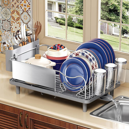 KINGRACK Stainless Steel Dish Drying Rack with Cup Holder for Counter, Grey | 16.9"L x 12.4" W Dish Rack with Spacious Drying Capacity, Quick Auto Dish Drainer for Plate Dish Dinnerware，Sliver
