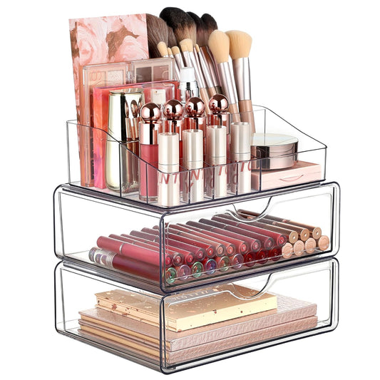 Vtopmart 3 Tier Clear Makeup Organizer with 2 Drawers | Smart Storage Layout, Clear for Better Visibility, Stackable, Large Capacity, for Makeup Lipstick Brush Skincare