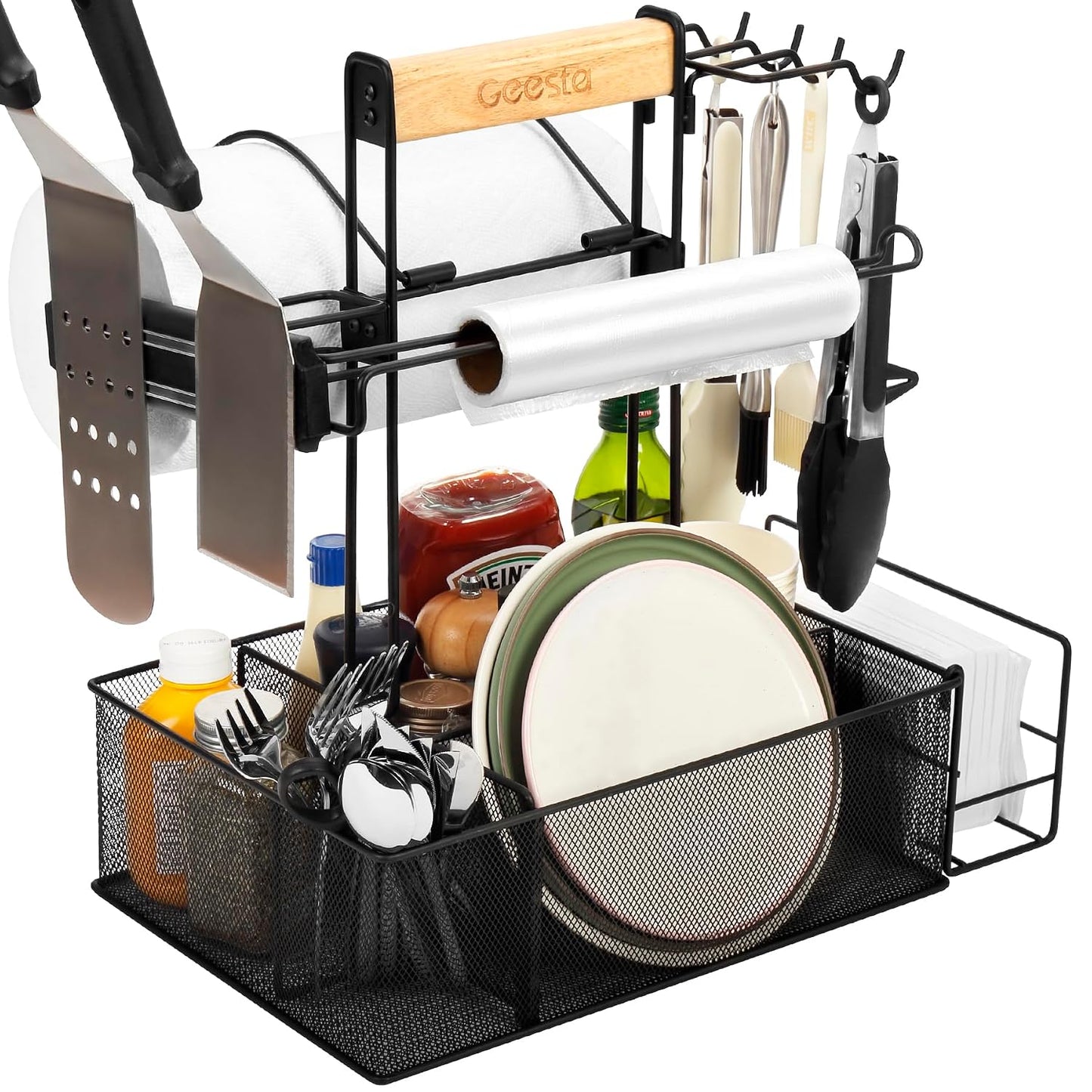 Grill Caddy for Outdoor Grill, BBQ Picnic Camping Caddy with Paper Towel Holder & Magnetic Tool Holder, Condiment Storage Utensil Kitchen Organizer for RV Camper, Tailgate Accessories