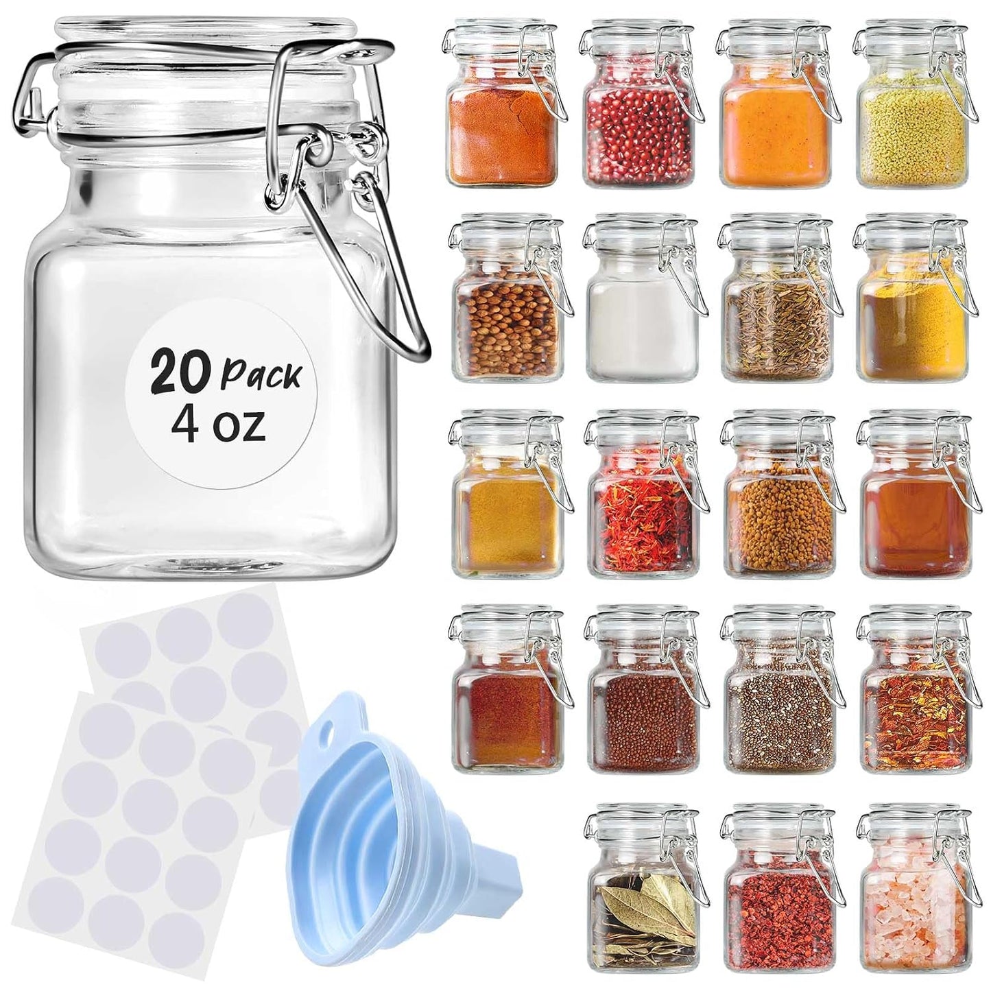 Spice Jars 20 Pack Small 4 oz Glass Jars with Airtight Hinged Lids, Spice Herb Jars with Labels and Silicone Funnels, 4oz Glass Jars with Lids Ideal for Spice Herbs