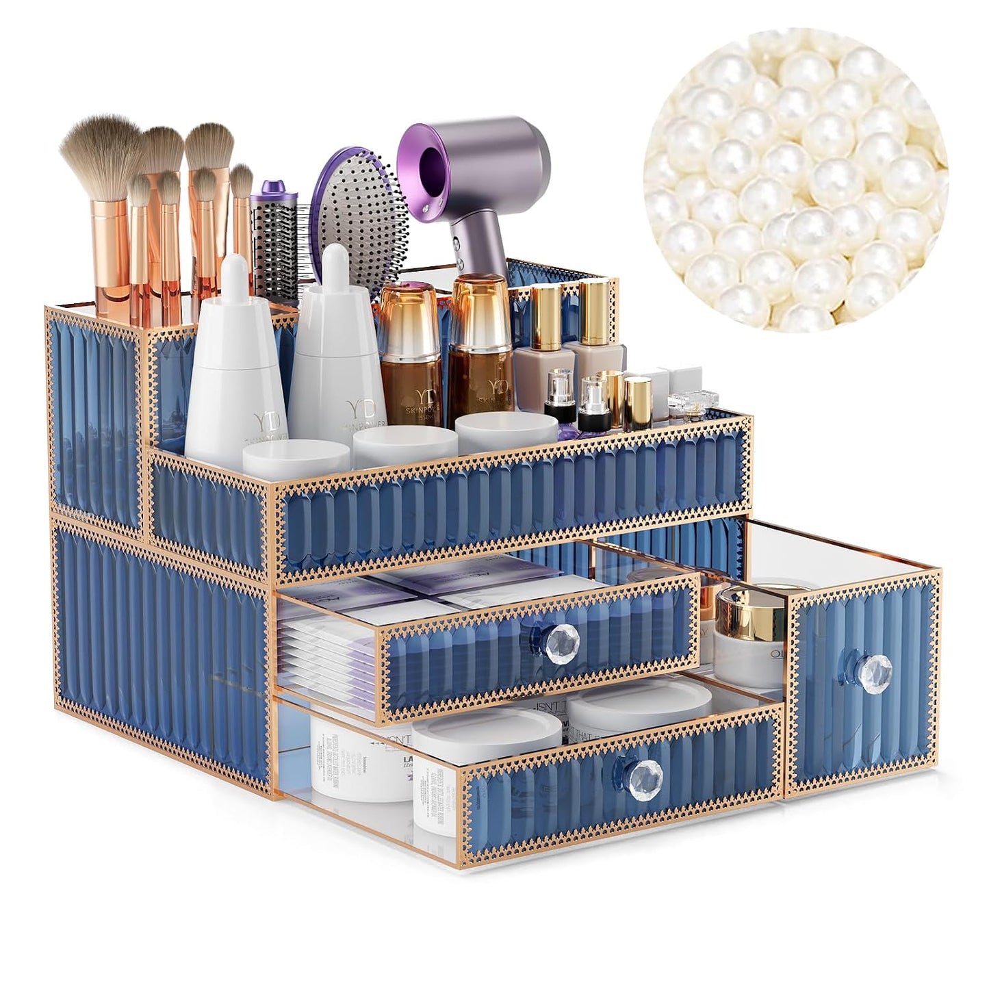 Youdepot Blue Tempered Glass Makeup Organizer | Multipurpose vanity organizer for cosmetics, skincare, hair tools, brushes, perfume and bathroom countertop storage