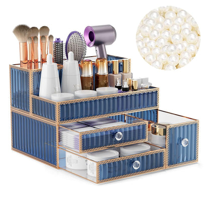 Youdepot Blue Tempered Glass Makeup Organizer | Multipurpose vanity organizer for cosmetics, skincare, hair tools, brushes, perfume and bathroom countertop storage