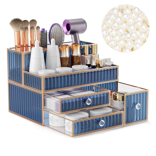 Youdepot Blue Tempered Glass Makeup Organizer | Multipurpose vanity organizer for cosmetics, skincare, hair tools, brushes, perfume and bathroom countertop storage