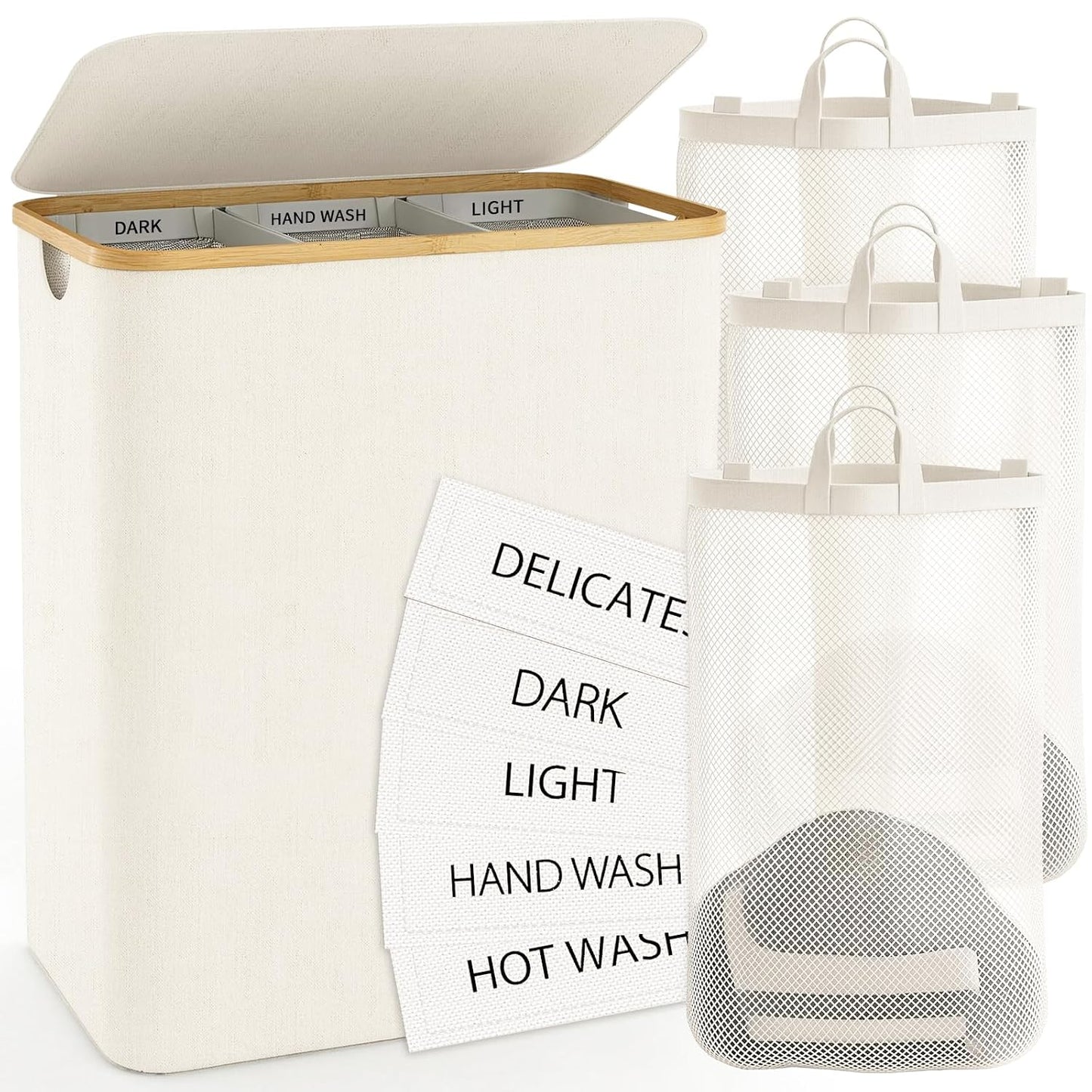 Hampers for Laundry Basket with Lid, 160L Large Laundry Hamper 3 Section | Dirty Clothes Hamper Separator with 3 Removable Bags & 5 Labels, Divided Laundry Organizer for Bedroom, Laundry Room, Beige
