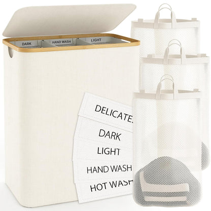 Hampers for Laundry Basket with Lid, 160L Large Laundry Hamper 3 Section | Dirty Clothes Hamper Separator with 3 Removable Bags & 5 Labels, Divided Laundry Organizer for Bedroom, Laundry Room, Beige