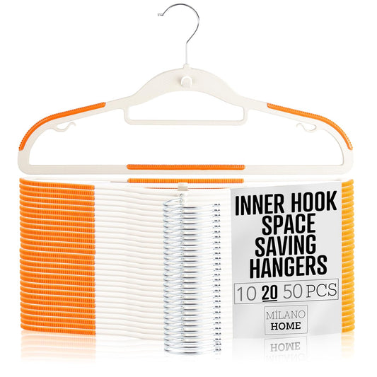 Lightweight White Plastic Hangers 20 Pack with Cascading Hook, Space Saving Thin, Closet Organizer, Orange Anti-Slip Pads, 360° Swivel, Tie Holder