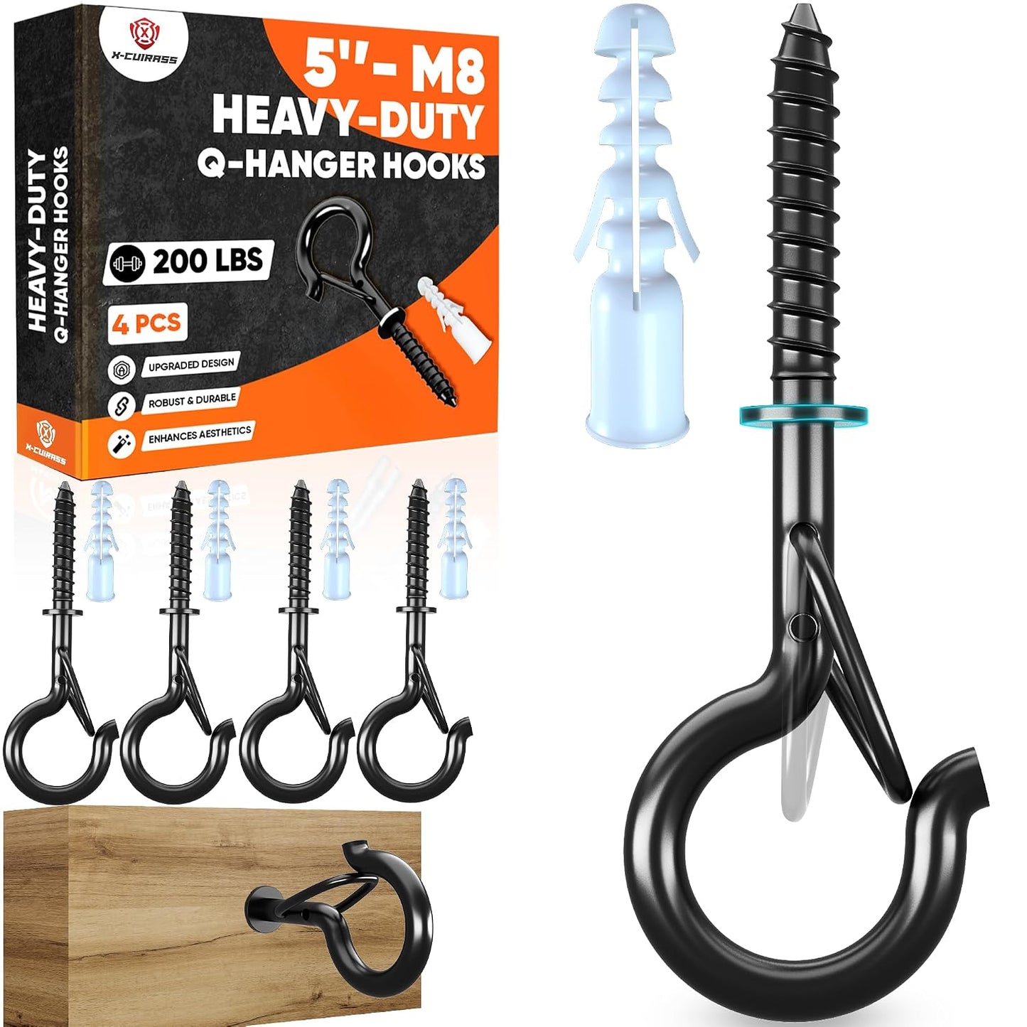 [HEAVY-DUTY] 250Lbs 5’’ M8 Q-Hanger Hook with Safety Buckle & Washer, 4Pcs | Black Windproof Screw Hooks for Hanging Plant with Expansion Tubes, Screwdriver, Hanging Outdoor String Light Christmas Patio