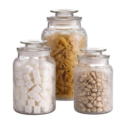 Style Setter Canister Set 3-Piece Glass Jars in 34oz, 44oz & 54oz Retro Design Lids for Cookies, Candy, Coffee, Flour, Sugar, Rice, Pasta, Cereal & More