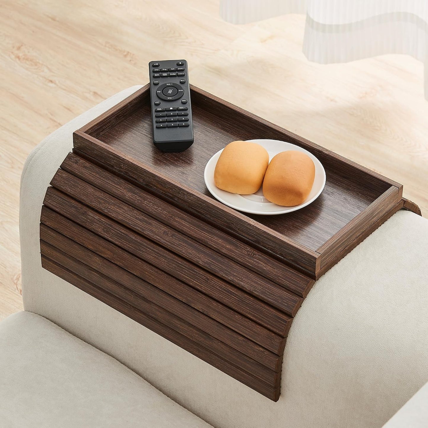 Bamboo Sofa Arm Tray, Foldable Couch Arm Tray Side Table, Anti-Falling Armrest Tables Cup Holder for Snacks, Drinks, Beers, Phone, Control, Flexible and Portable, Anti-Slip Bottom