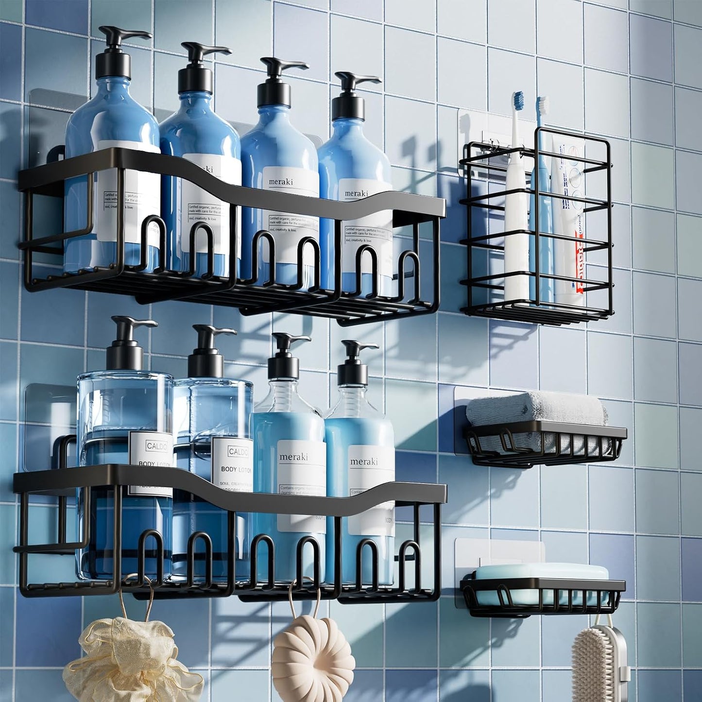 EUDELE 5-Pack Rustproof Stainless Steel Shower Caddy Set– No Drill Adhesive Bathroom Organizer, Space-Saving Shower Shelves for Apartment Essentials, Bathroom/Kitchen Storage Home Decor-L Size