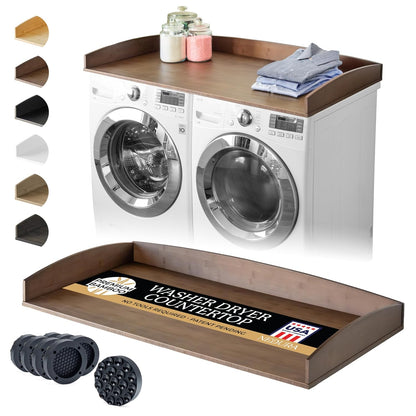 Nedura Washer Dryer Countertop with Anti-Vibration Pads, Curved Edge Rails, Premium Bamboo Laundry Countertop, Washer Dryer Topper, Laundry Room Organization, Laundry Room Accessory – Dark Walnut
