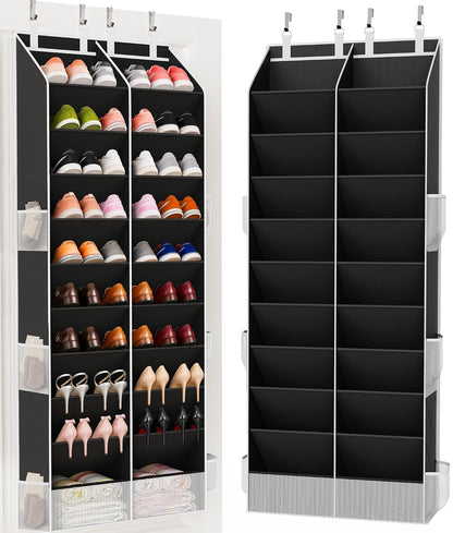 Over the Door Shoe Organizer, 20-30 Pairs Heavy-Duty Hanging Shoe Storage with Large Pockets, 10-Tier Door Shoe Rack with 4 Hooks for Sneakers Sandals Heels Boots (Black)
