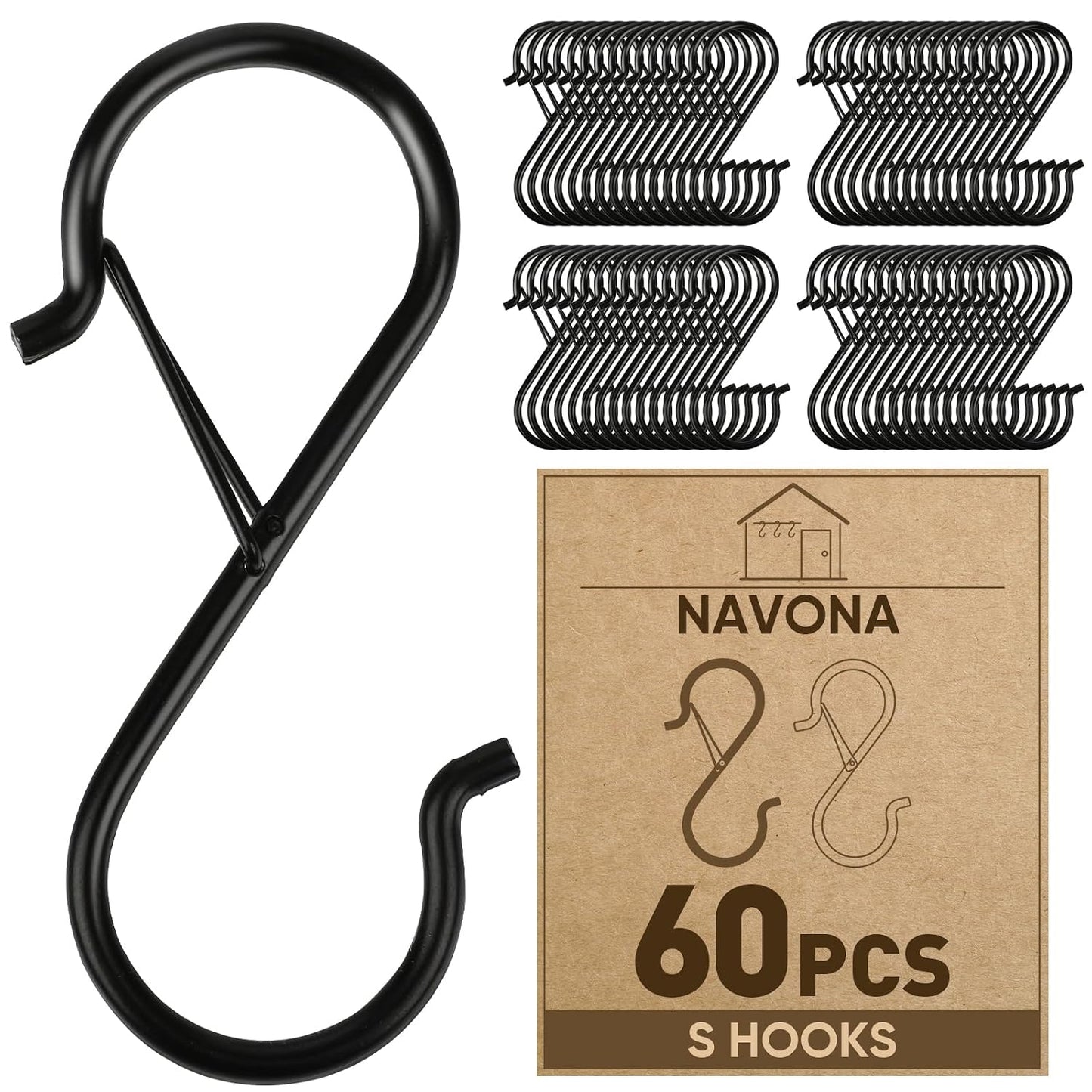 60 Pcs S Hooks for Hanging Heavy Duty, Metal S Hook with Safety Buckle | 3.5-inch S Hook for Hanging Plants, Suitable for 0.5 inch Rods, Purse Hooks, Perfect for Closet, Kitchen, Pot, Pan, Bags