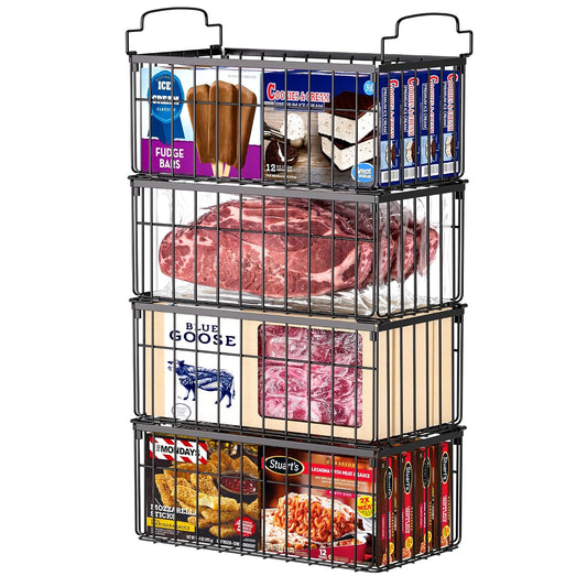 Freezer Organizer Bins, 4 Pack Big Baskets for 5/ 7 Cu.FT Deep Freezer | Stackable Chest Freezer Organizer Bins, Foldable Baskets with Handles, Black Storage Container Baskets for Sort Frozen Meats