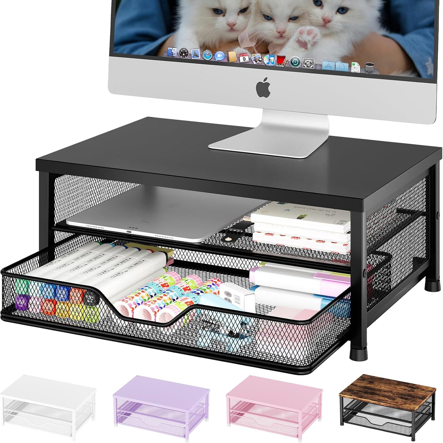 Computer Monitor Stand Riser, Desk Organizer with Drawer, Printer & Laptop Stand, Office Desk Accessories & Workspace Desktop Organizers Storage for Office Supplies(Black)