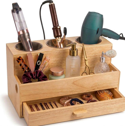 Hair Tool Organizer, Wooden | Bathroom Countertop, Heat-Safe Stainless Steel Cups, Professional Bamboo Styling Station