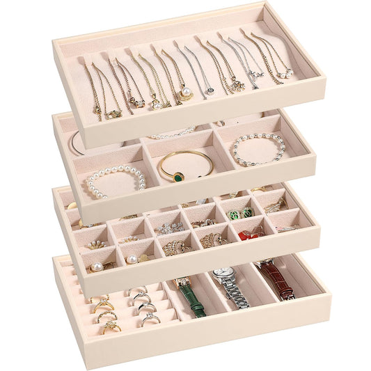 LANDICI Stackable Jewelry Organizer Trays 4 Set,PU Leather Jewelry Organizer Drawer,Jewelry Storage Display Tray for Earring Necklace Rings Bracelet with Removable Dividers,Apricot