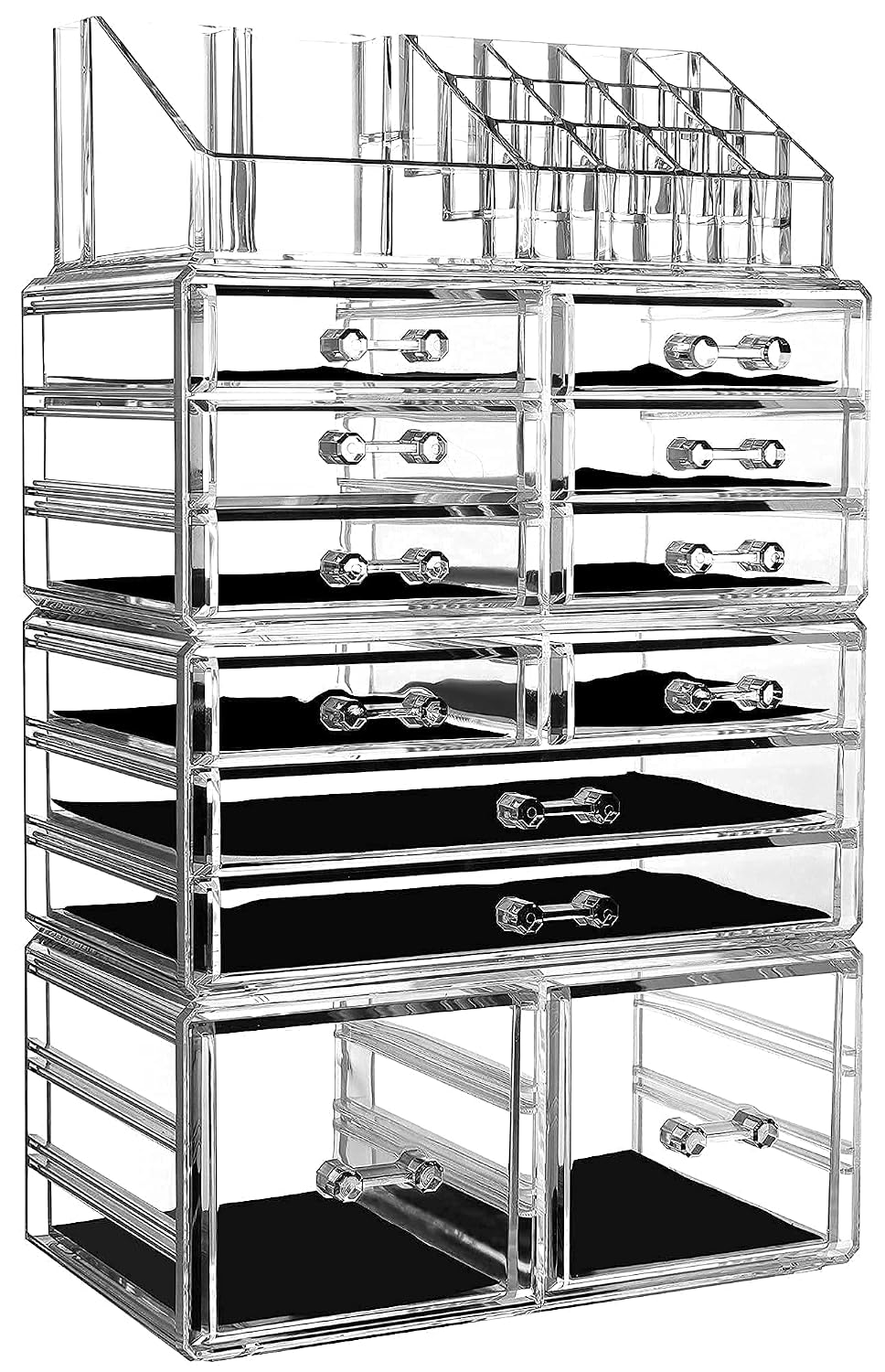 Cq acrylic 4 Pack Clear Makeup Organizer Countertop,Stackable 12 Drawers Skincare Organizer,Cute Skin Care Organizer for Vanity Hair Clip,Jewelry,Beauty Product Desk and Make Up Organizers for Vanity