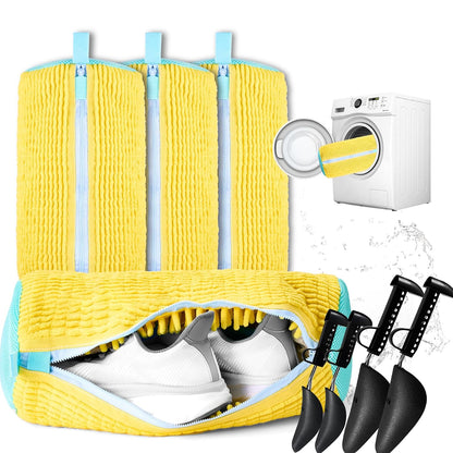 Shoe Washing Machine Bag, 4 Pcs Shoe Laundry Bag for Sneacker | With 4 Boot Stretcher (L 6-12.5 & S 5-10.5), Reusable,Durable Zipper,360°Deep Cleaning, Fit Most Shoes Types