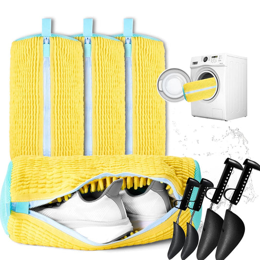 Shoe Washing Machine Bag, 4 Pcs Shoe Laundry Bag for Sneacker | With 4 Boot Stretcher (L 6-12.5 & S 5-10.5), Reusable,Durable Zipper,360°Deep Cleaning, Fit Most Shoes Types