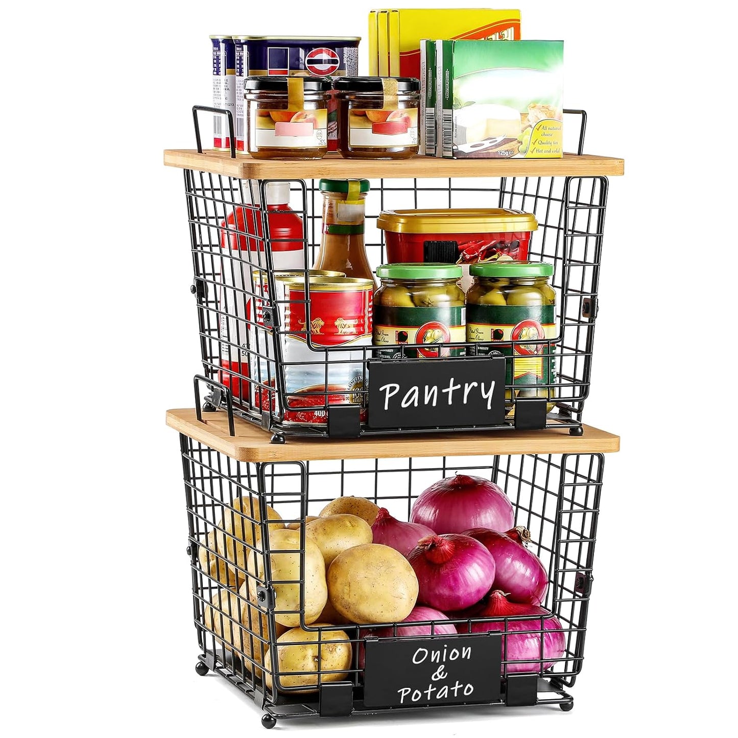 2 Set Large Stackable Wire Basket with Bamboo Tops & Tag- Pantry Organizer and Storage Bins, Kitchen Counter Cabinet Shelf Countertop Under Sink Organizing for Food Snack Produce Onion Potato Bread