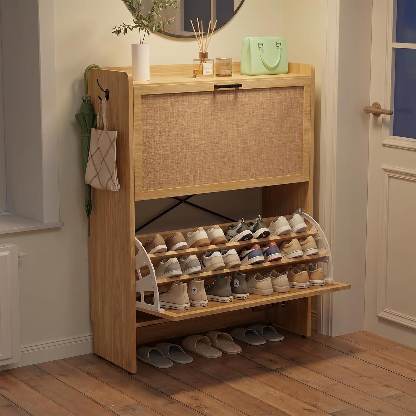 Shoe Storage Cabinet for Entryway, 2 Flip Drawers with 3-Tier Rack Each, 6-Layer Total Storage, Narrow Shoe Cabinet with Linen Panel, Slim Wood Shoe Organizer Closed Shoe Rack for Hallway,Small Spaces