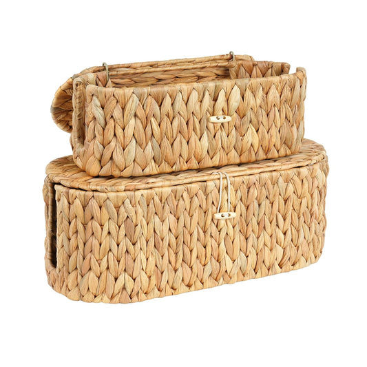 Set of 2 Cable Management Box, Handwoven Cord Hider Box with 3 Open Slots | Cable Organizer Box with Lockable Lid, Cord Storage Box to Hide Power Strip, Router, USB Hub, TV Wires for Home, Office