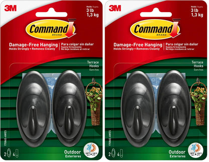 Command Hooks, Black, 3 lb Capacity | Outdoor | Water-Resistant Strips | 2-Hooks 4-Strips | Damage-Free