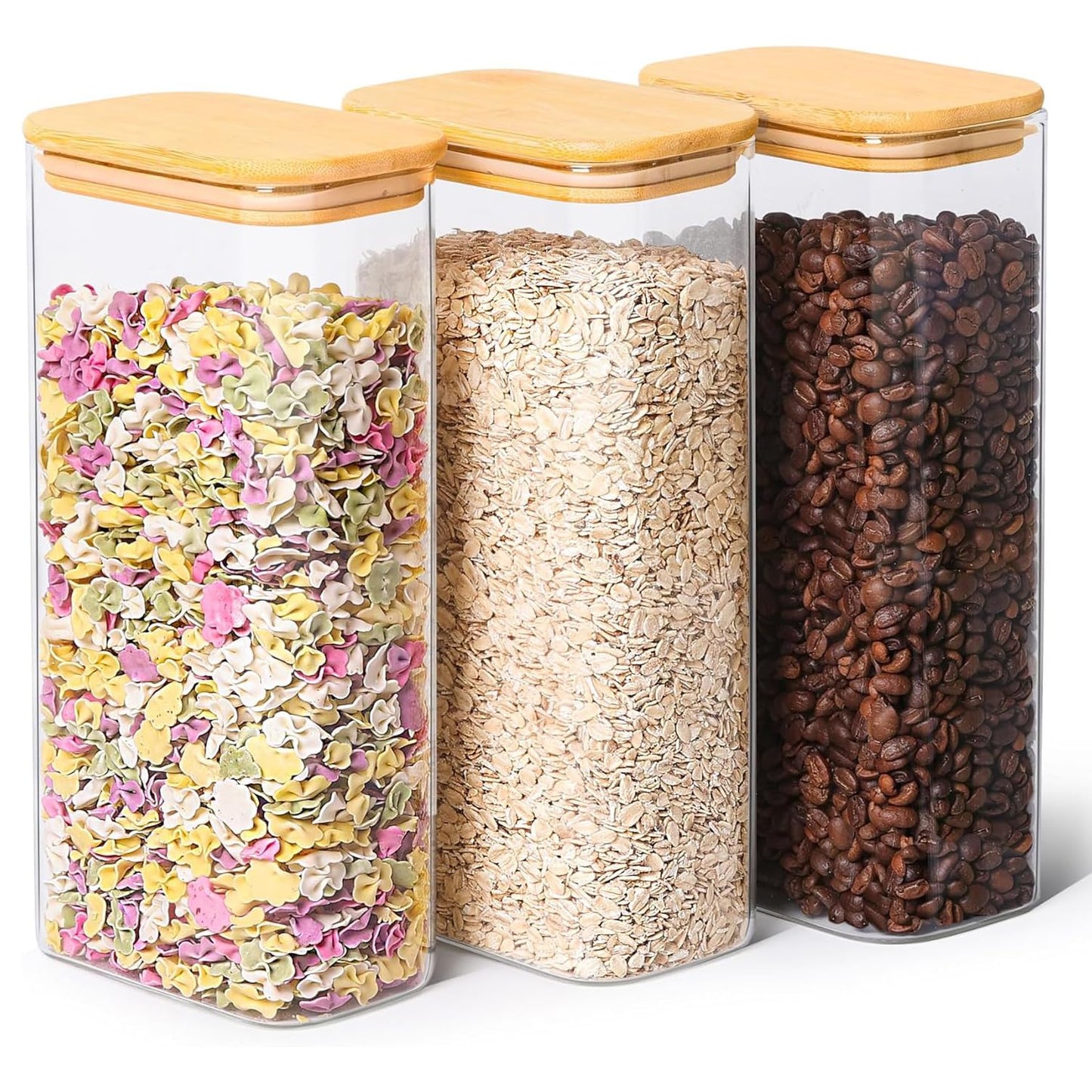 ComSaf Glass Storage Containers With Lids 2 Qt, Set of 3 Cereal Containers | Pantry Storage Container, Rectangle Jar, Glass Cereal Dispenser, Kitchen Canisters, Dry Food, Flour, Sugar, 64oz, BPA Free