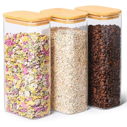 ComSaf Glass Storage Containers With Lids 2 Qt, Set of 3 Cereal Containers | Pantry Storage Container, Rectangle Jar, Glass Cereal Dispenser, Kitchen Canisters, Dry Food, Flour, Sugar, 64oz, BPA Free