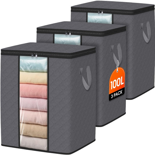 3 Pack 100L Clothes Storage, Foldable Storage Bags... (3 Count | Grey | Fabric)