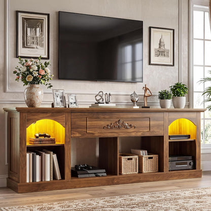 YITAHOME Farmhouse TV Stand with LED Lights for Living Room, Walnut | 70 inch Entertainment Center with Flip-Down Carved Door, Media Console for 75/80 Inch TV, Adjustable Shelf & Open Storage