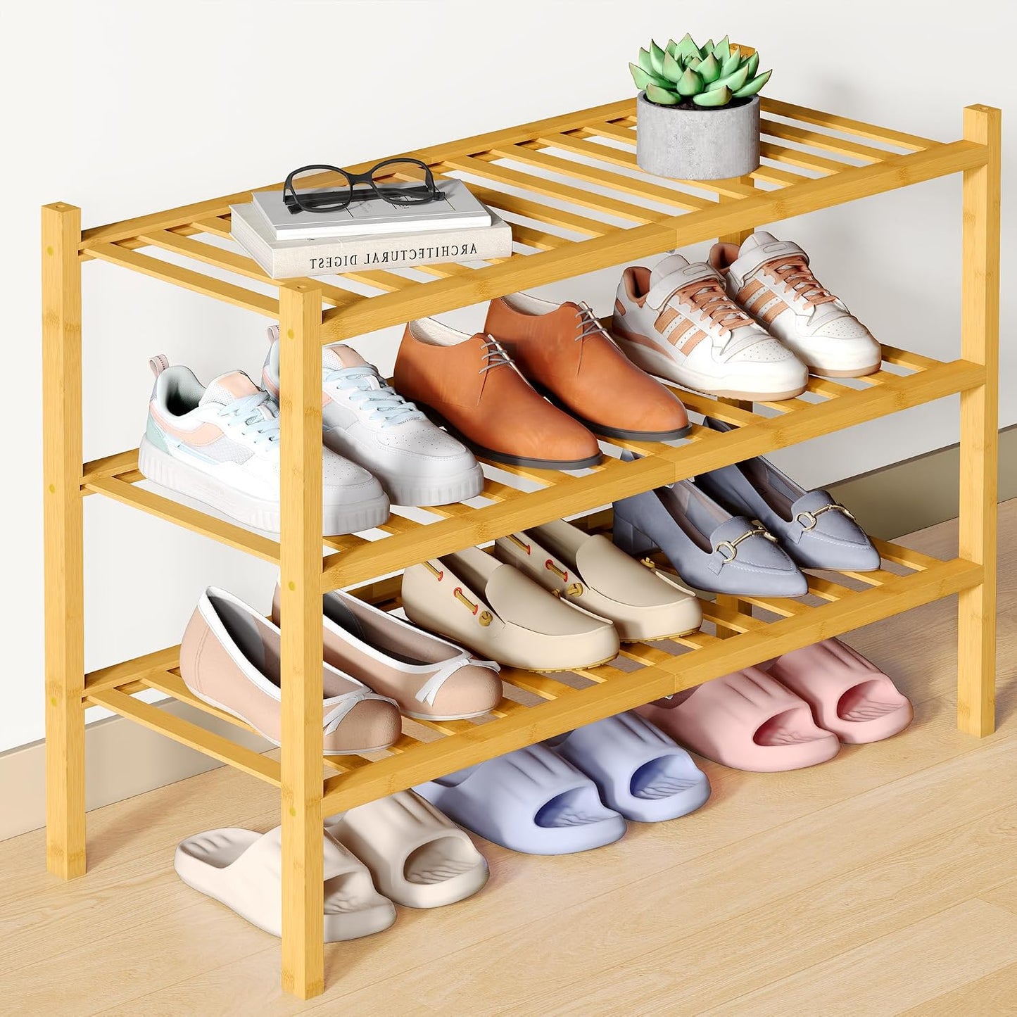 Smiry Bamboo Shoe Rack for Closet, 3 Tier - 26.77" Wide, Natural | Stackable Wooden Shoe Organizer, Wood Shoe Storage Shelf for Entryway, 14 Vertical Slats, Reinforced Legs