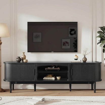 Decofy Mid Century TV Stand for TVs up to 90 Inches, Entertainment Center with Storage, Power Outlet, Fluted Sliding Doors & Adjustable Shelves, Modern Media TV Console Table for Living Room (Black)