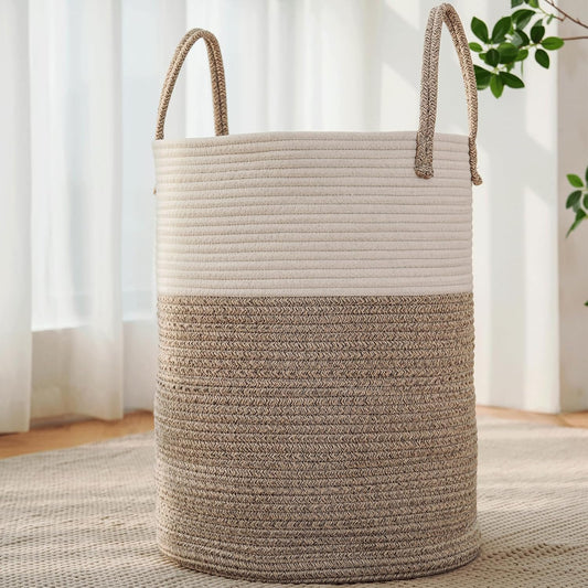 JMvicyroam 60L Cotton Rope Laundry Basket Hamper, Brown | Collapsible Laundry Basket, Reinforced Handles, Freestanding, Machine Washable, Holds 3-5 Thick Blankets, Clothes or Toys